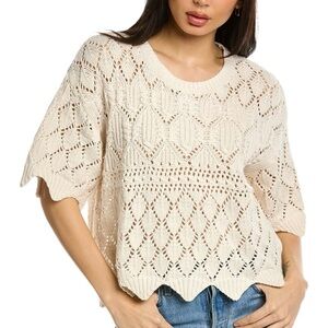 Splendid Diletta Crochet Style‎ Sweater Beige Scalloped Trim Sz M